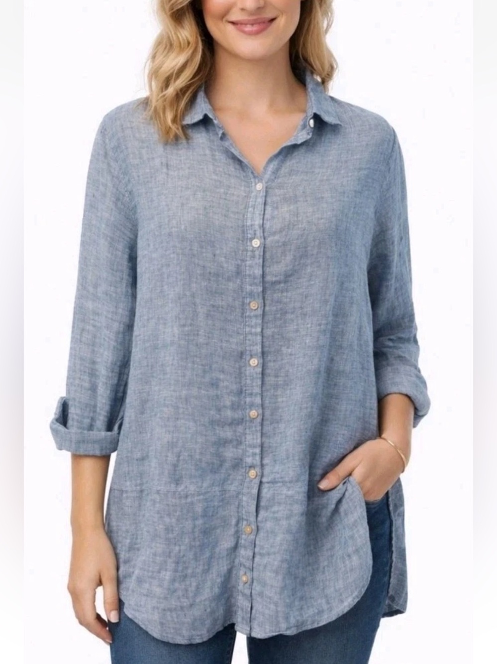 T Tahari Light Blue Striped Textured 100% Linen Button-Down Shirt